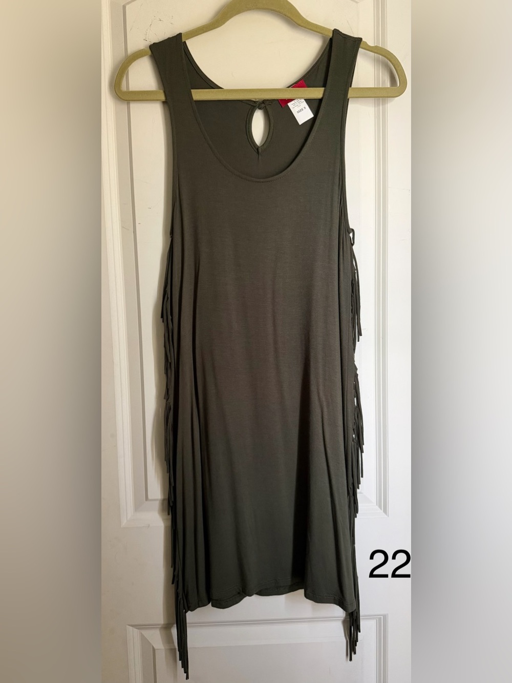 Panhandle Sleeveless Fringe Mini Dress in Olive Green S eyelet fringe sides boho